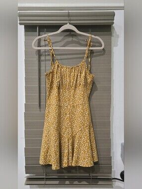 SHEIN Mustard Yellow Floral Tie-Strap Mini Dress